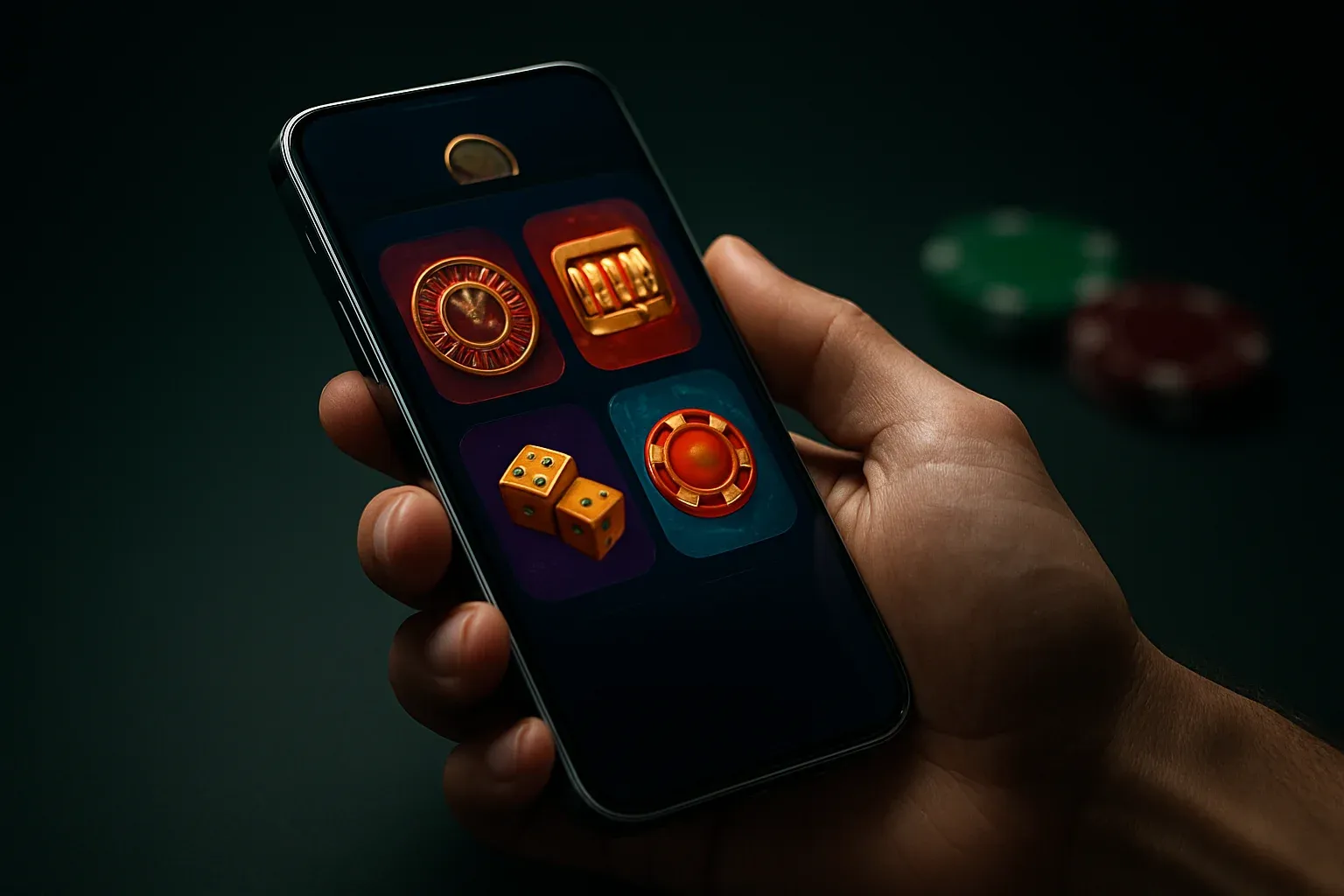 Hyperrealistic Android smartphone showing premium casino app interface, dramatic lighting