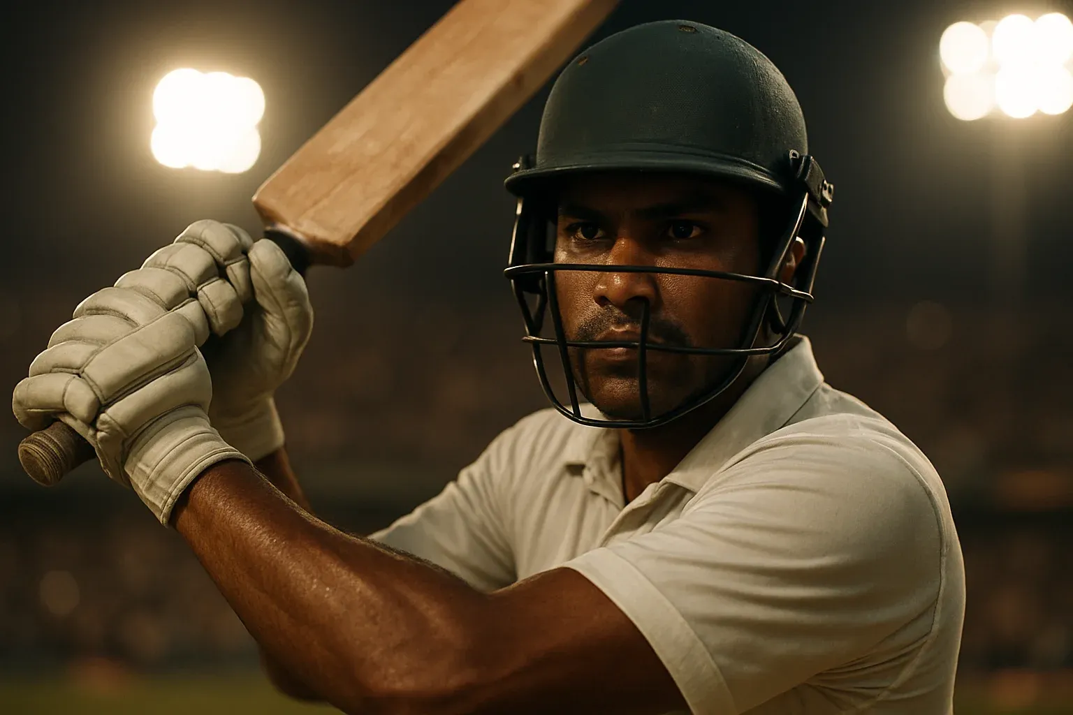 Hyperrealistic close-up of Bangladeshi cricket batsman mid-swing under stadium lights