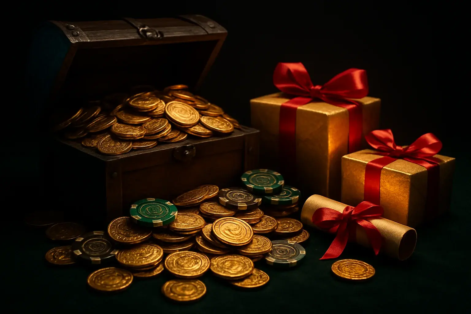 Overflowing treasure chest with gold coins, casino chips, vouchers, and gift boxes