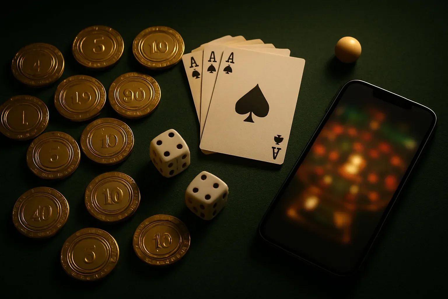 Top-down casino table with gold chips, cards, dice, roulette ball, smartphone