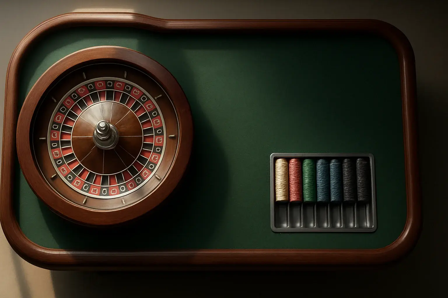 Hyperrealistic wide shot of empty roulette table in premium live casino studio