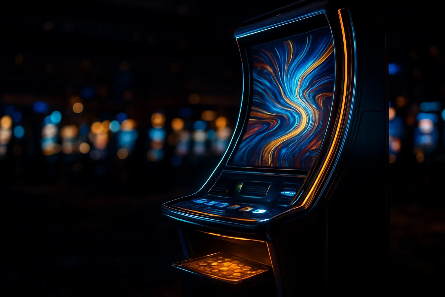Hyperrealistic premium slot machine glowing in dark luxury casino with bokeh lights